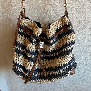 Brighton Shoulder Bag/Purse. Woven natural color jute and navy.
